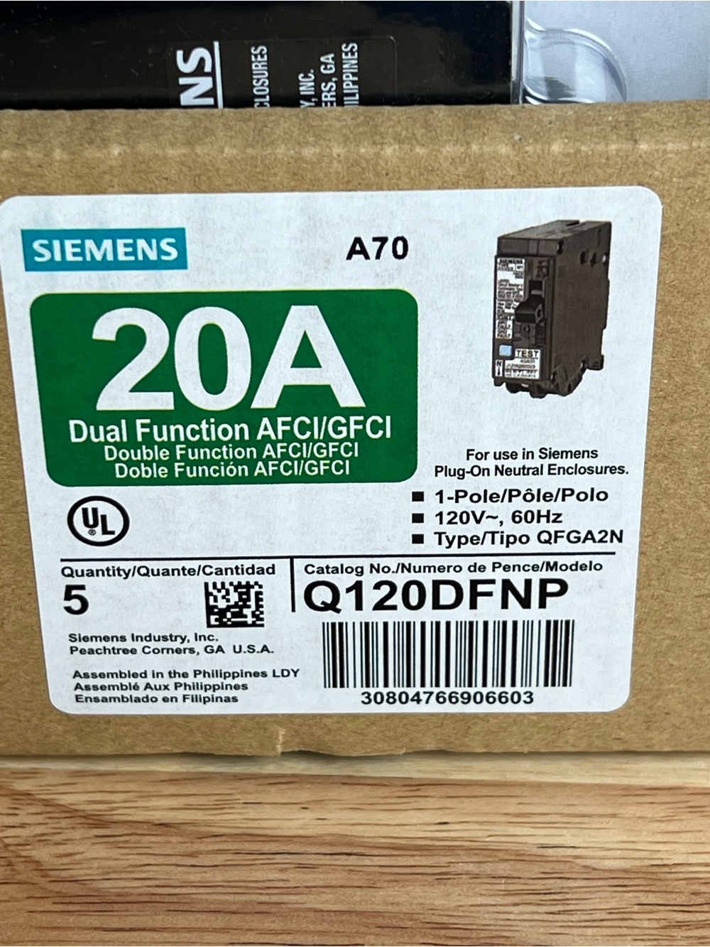 Siemens Q120DFNP 20A AFCI/GFCI Breakers 5 Pack - Picture 3 of 5